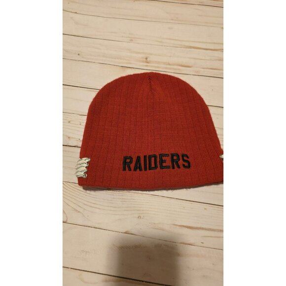 Raiders Adult Knit Hat Beanie Hat Good Red Black White Lace On Sides Winter - Picture 1 of 5